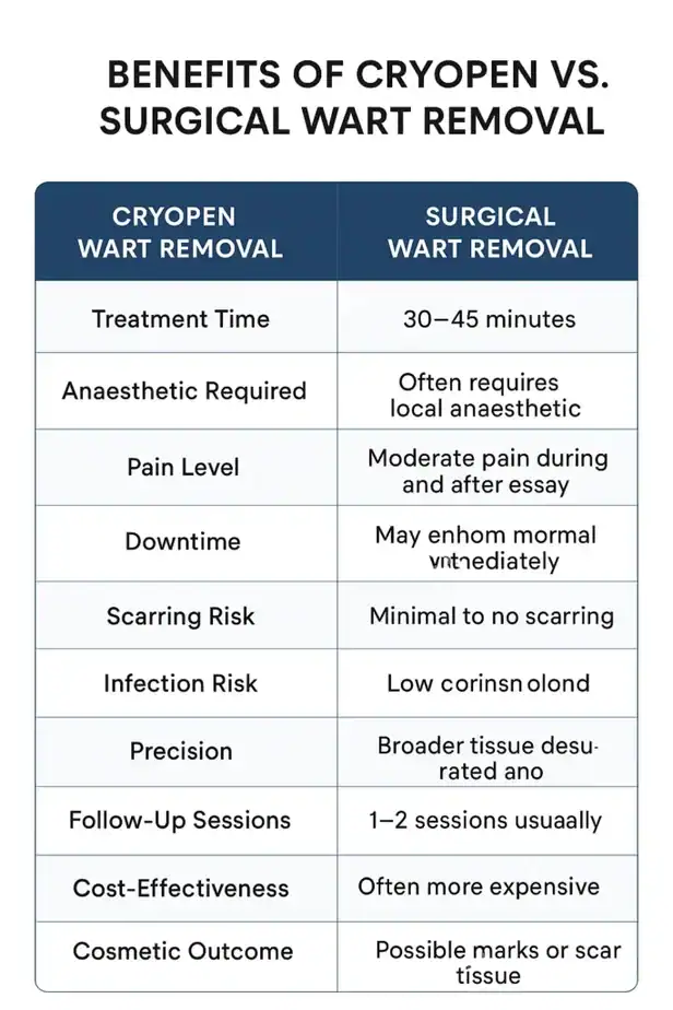 Table showing the benefits of cryopen to remove warts Wembley Park compared to surgical treatment